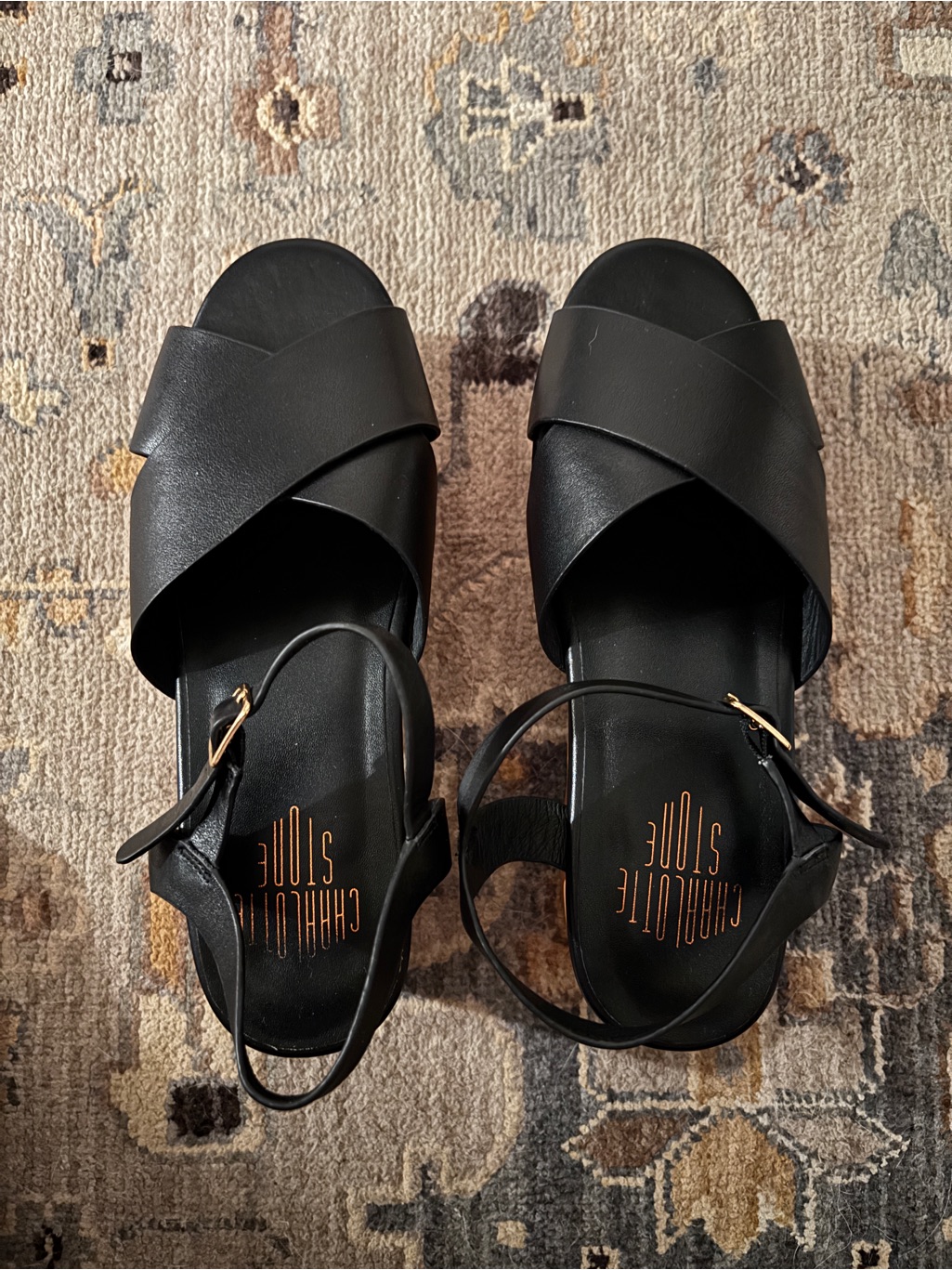 Charlotte Stone Black Cross-Strap Leather Ankle Strap Sandals